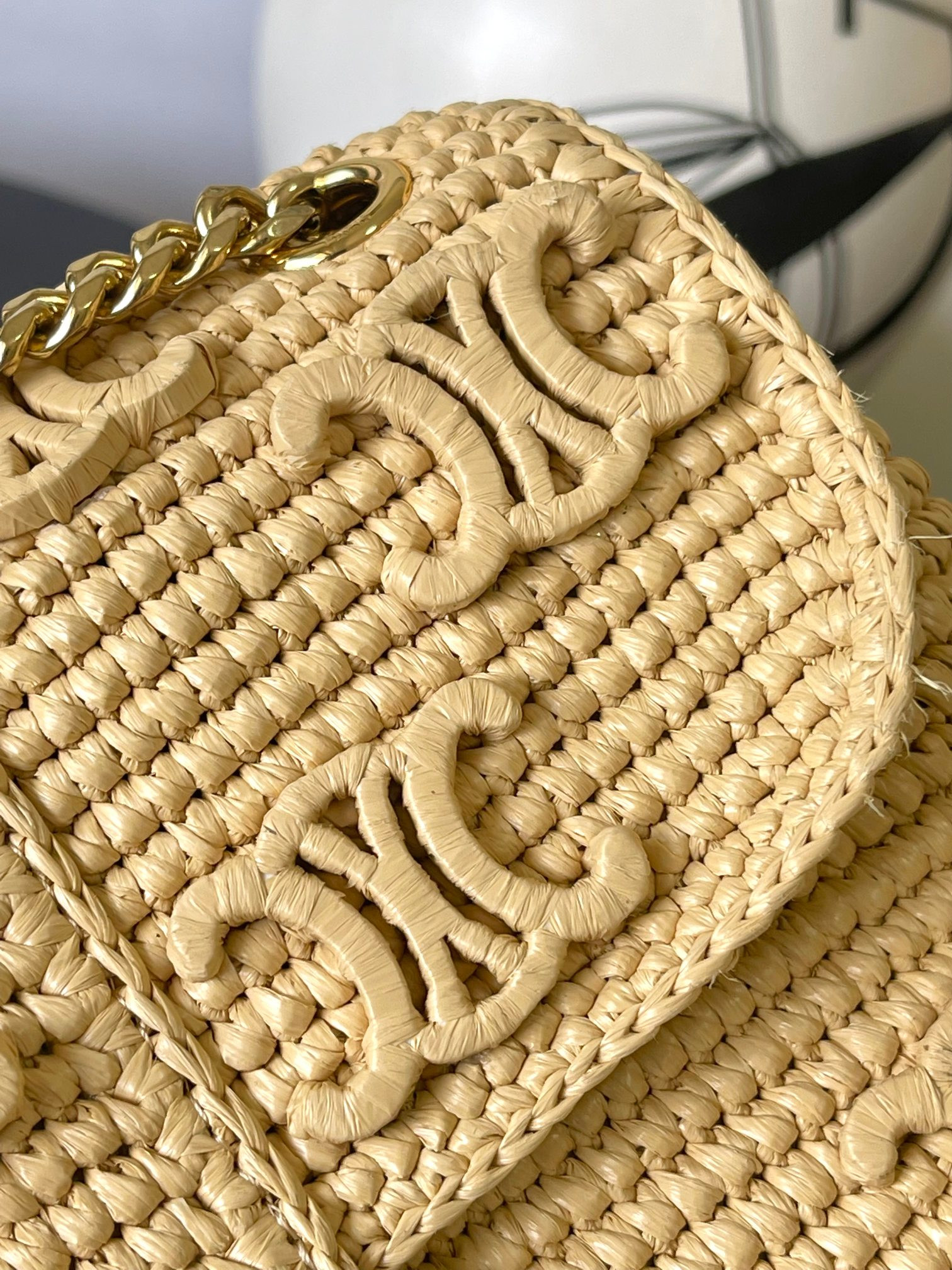 Ce1i*e Victoire Medium Bag IN RAFFIA WITH TRIOMPHE EMBROIDERIES 25x17x9cm