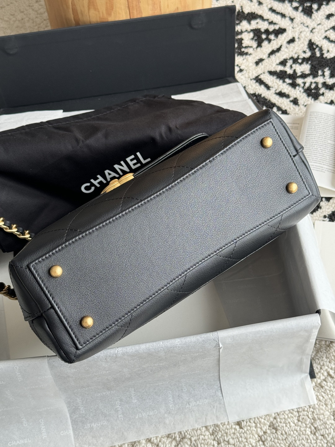 Ch**el Large Flap Bag with Top Handle Calfskin 20.5x28x9.5cm