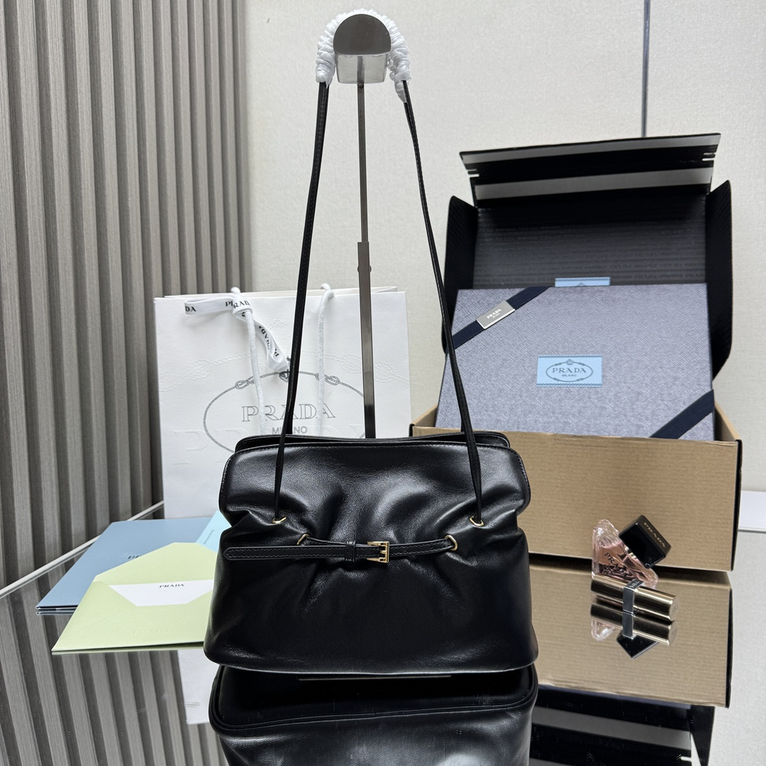 Pra*a Slouchy Lambskin Leather Shoulder Bag 25x18.5x11.5cm