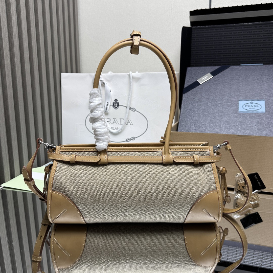Pra*a Bonnie Medium Linen and Leather Handbag 15.5x32x12cm